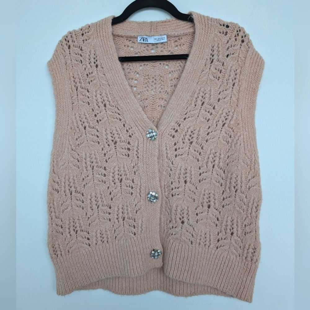 Zara Crochet Knit Silver Button Light Pink Sweater Vest Sz S
